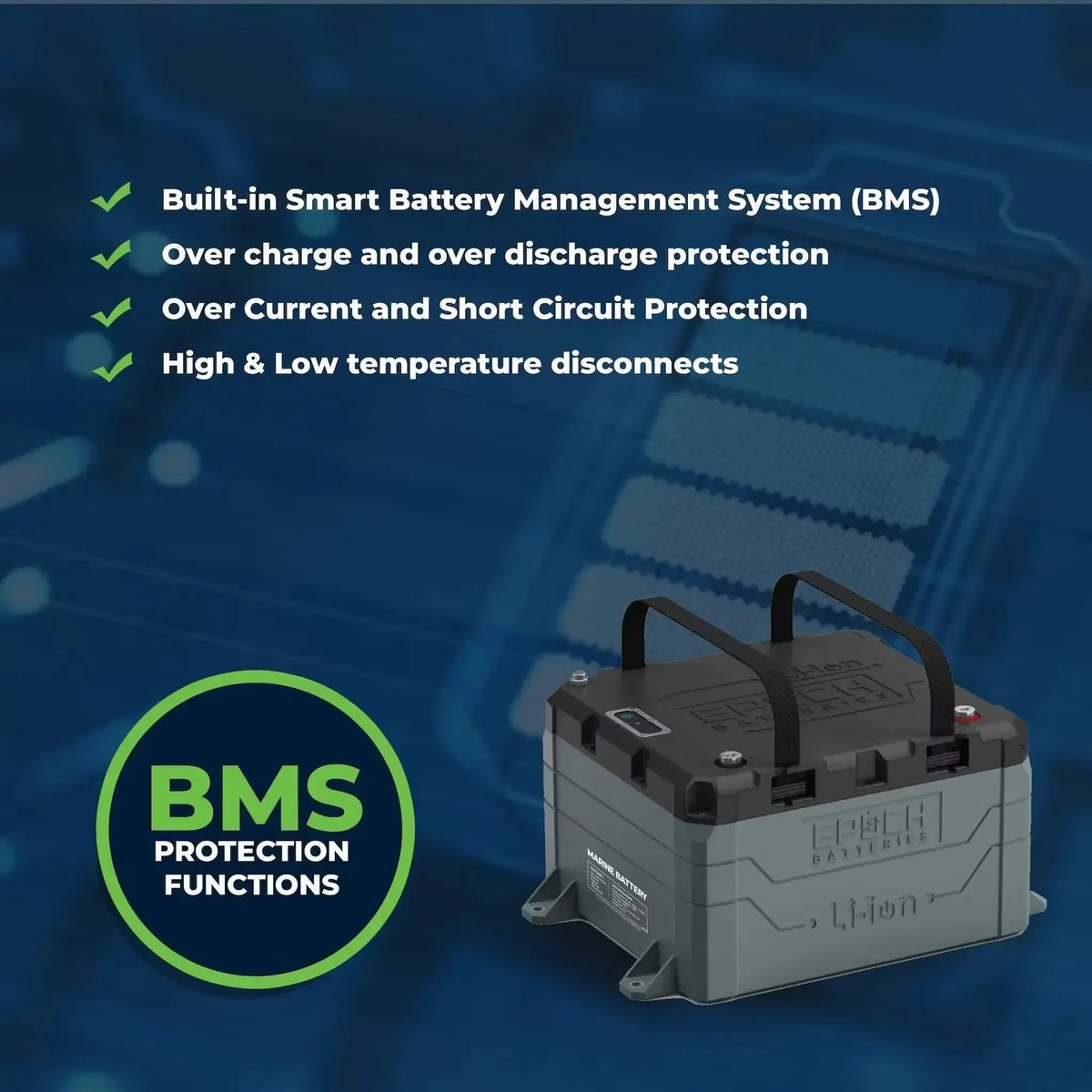 Gray and black Epoch 48V 100Ah LiFePO4 marine battery with BMS protection features listed.
