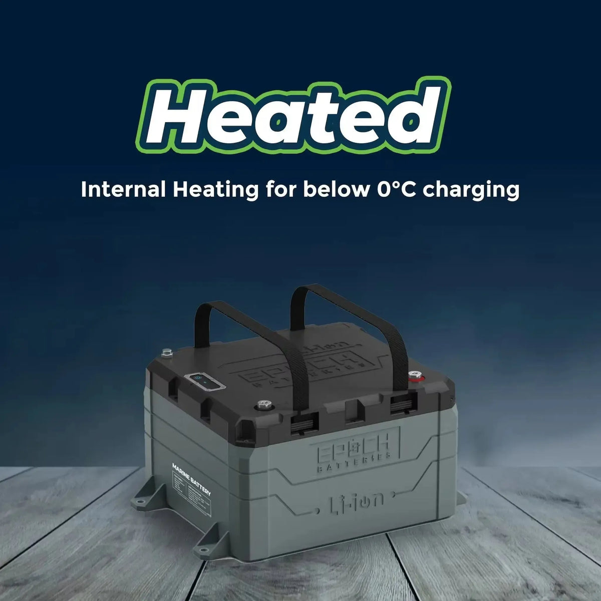 Gray Epoch 48V 100Ah LiFePO4 marine battery with black top, straps, and "Heated" text.