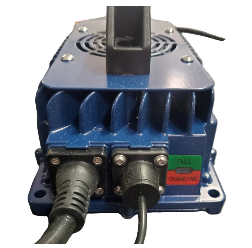 Blue 48V 15A battery charger with aluminum alloy casing, cooling fins, black handle, and charging status lights.