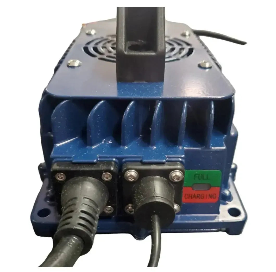 Blue 48V 15A battery charger with aluminum alloy casing, cooling fins, black handle, and charging status lights.