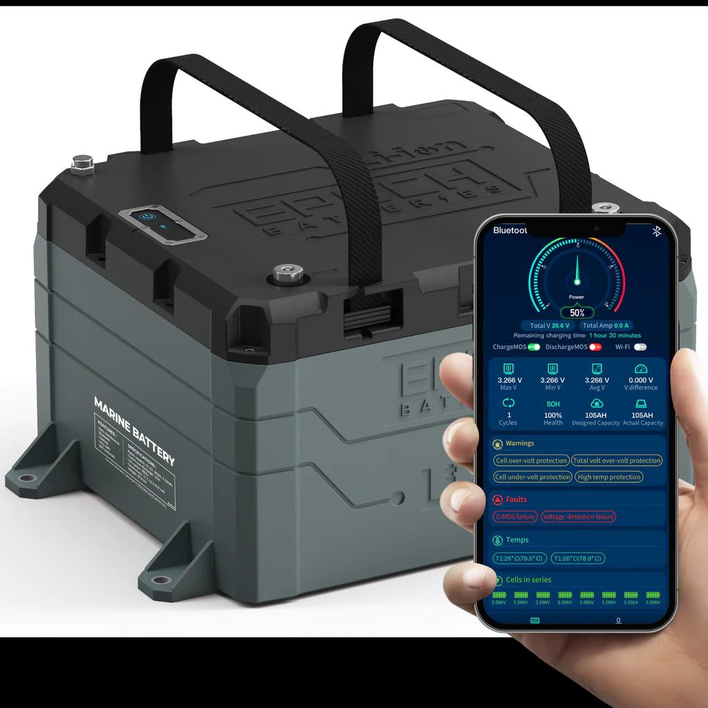 Gray Epoch 48V 50AH LiFePO4 marine battery with black straps, shown with a phone displaying its app.