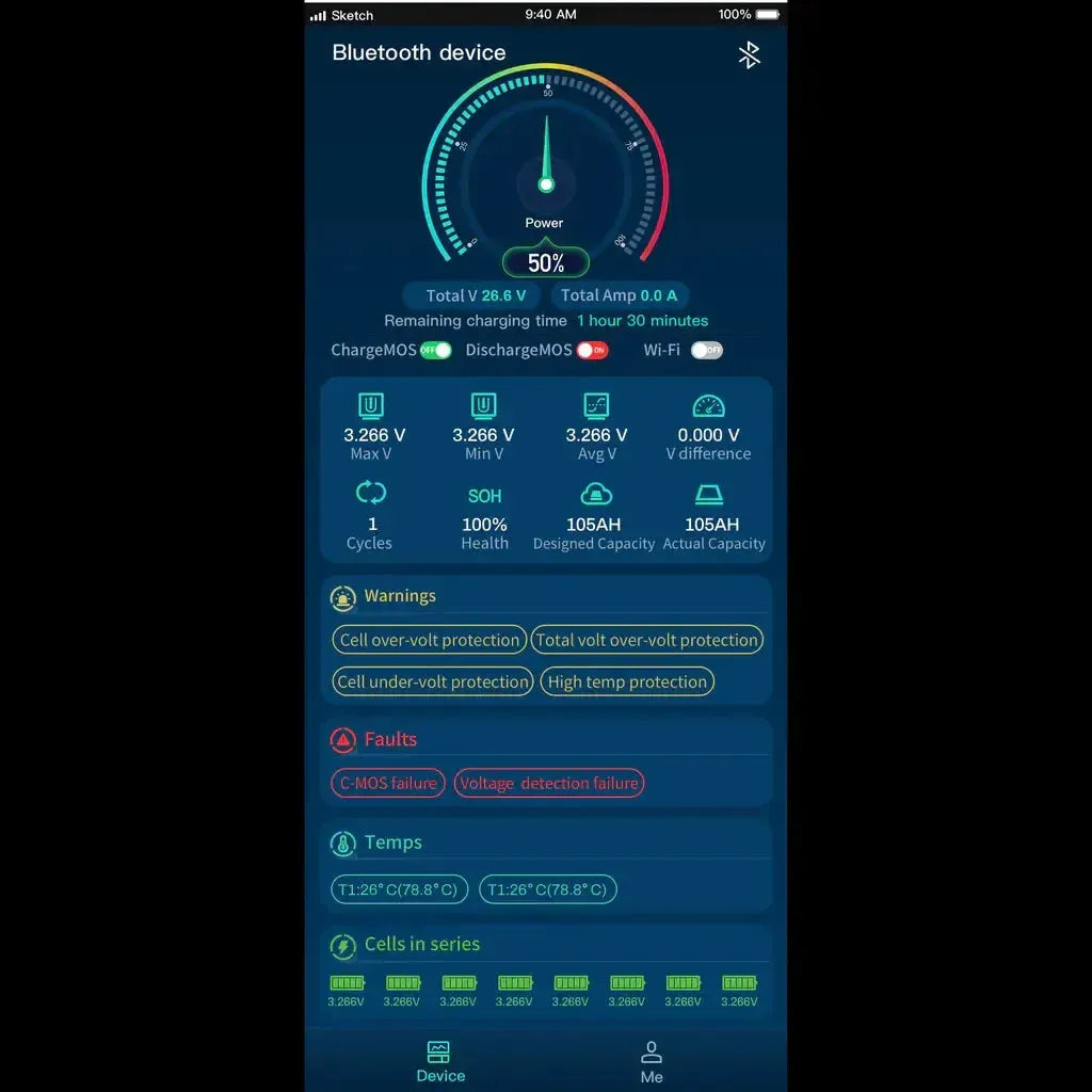 Epoch 48V 50AH LiFePO4 battery app screen showing power, voltage, capacity, warnings, and cell temps.