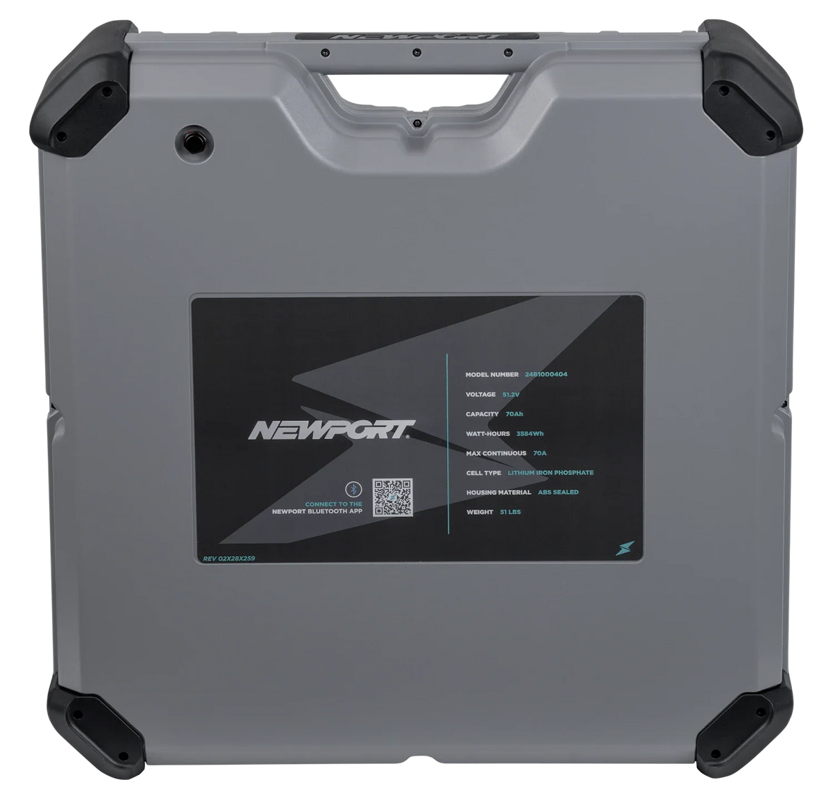 Gray Newport 48V 70Ah LoPRO Lithium LiFePo4 battery with black corner bumpers and handle.