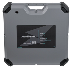 Gray Newport 48V 70Ah LoPRO Lithium LiFePo4 battery with black corner bumpers and handle.