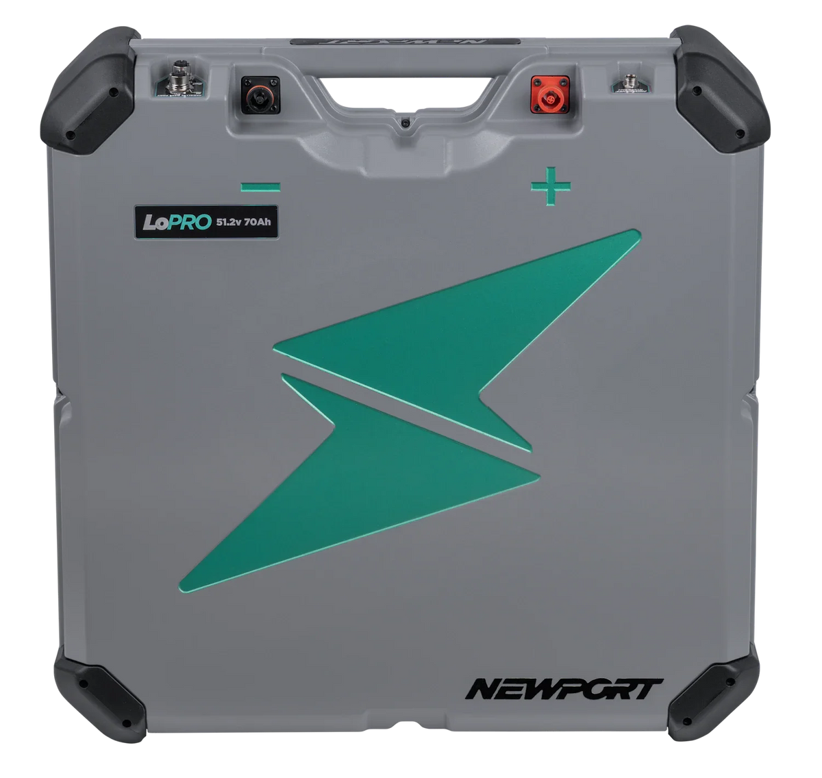 Gray Newport LoPRO 51.2V 70Ah lithium battery with green lightning bolt logo and red/black connectors.