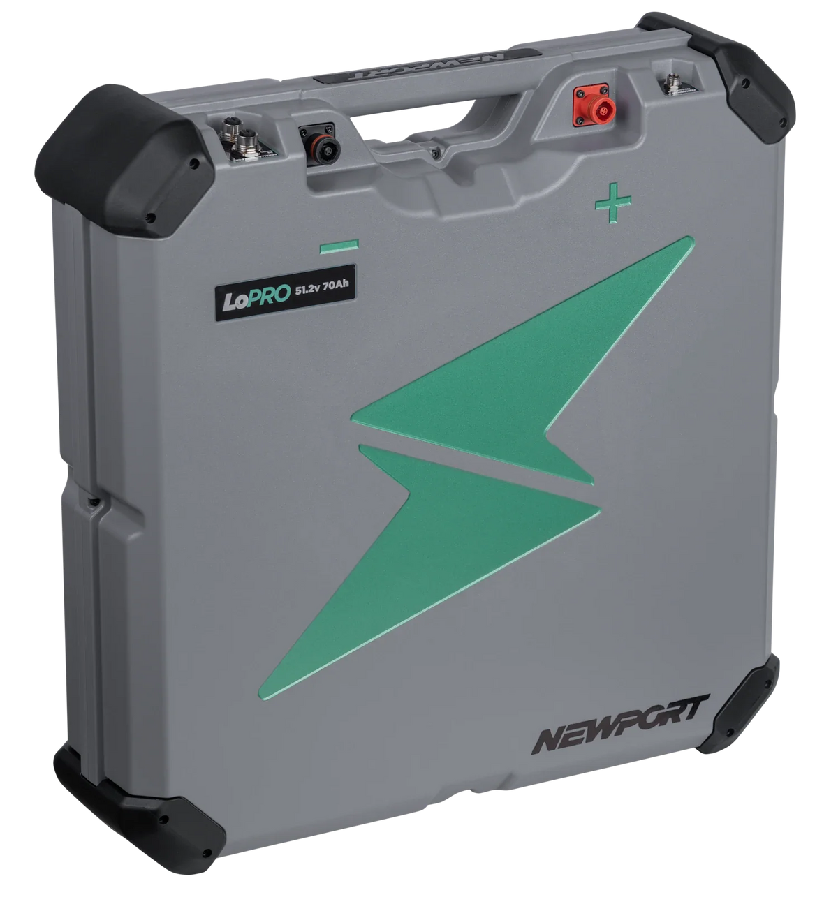 Gray Newport LoPRO 48V 70Ah Lithium LiFePo4 battery with green lightning bolt logo and red/black connectors.