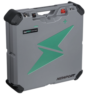 Gray Newport LoPRO 48V 70Ah Lithium LiFePo4 battery with green lightning bolt logo and red/black connectors.