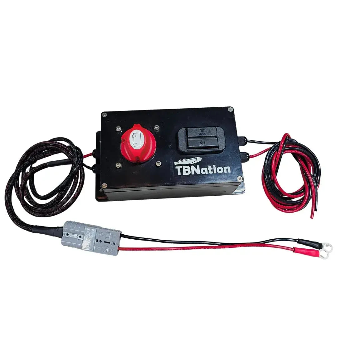 Black marine-grade 48V to 12V step-down converter with red cutoff switch, USB ports, and wiring.
