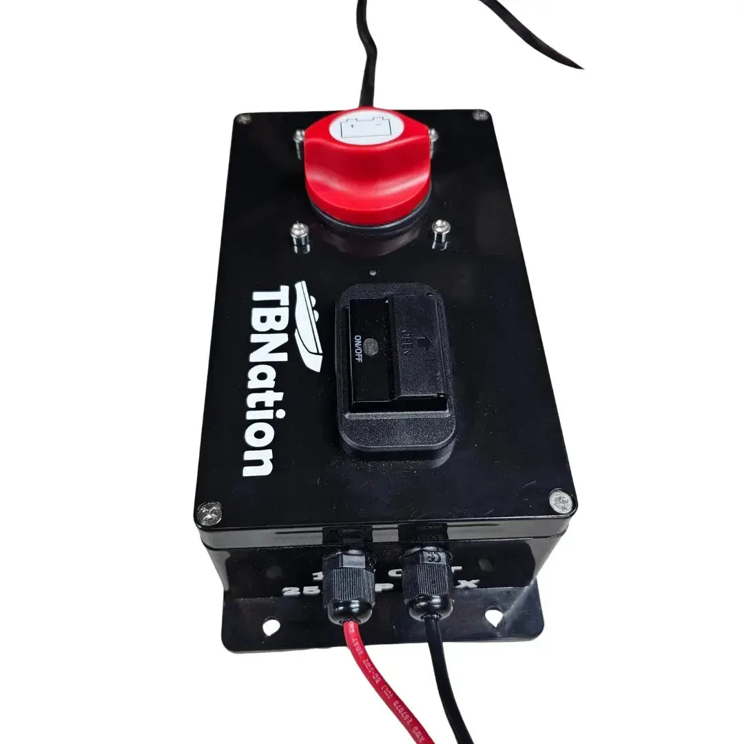 Black marine-grade 48V to 12V step-down converter with red cut-off switch, USB ports, and TBNation logo.