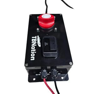 Black marine-grade 48V to 12V step-down converter with red cut-off switch, USB ports, and TBNation logo.