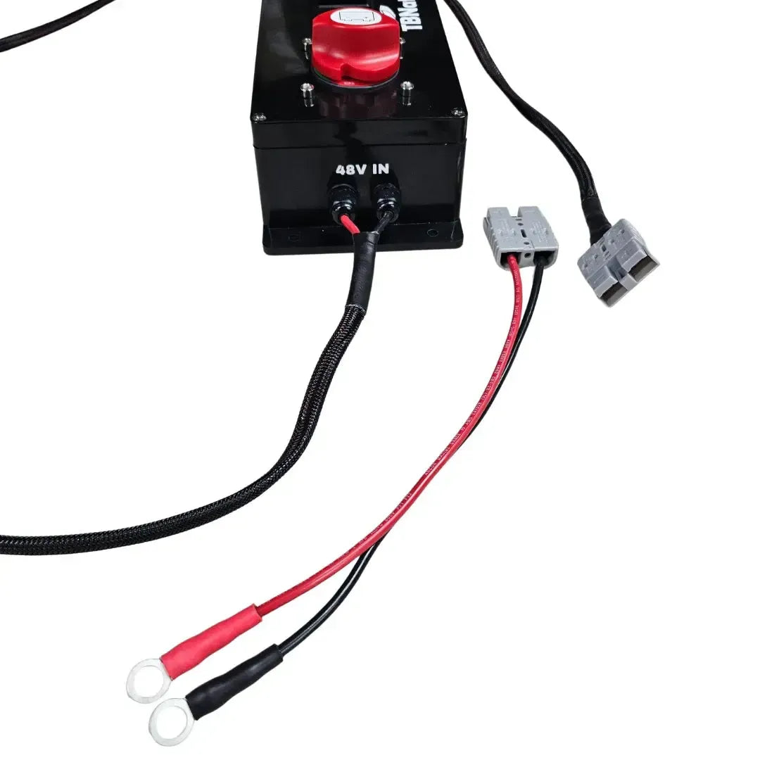 Black marine-grade 48V to 12V step-down converter with red cut-off switch, wiring, and quick disconnects.