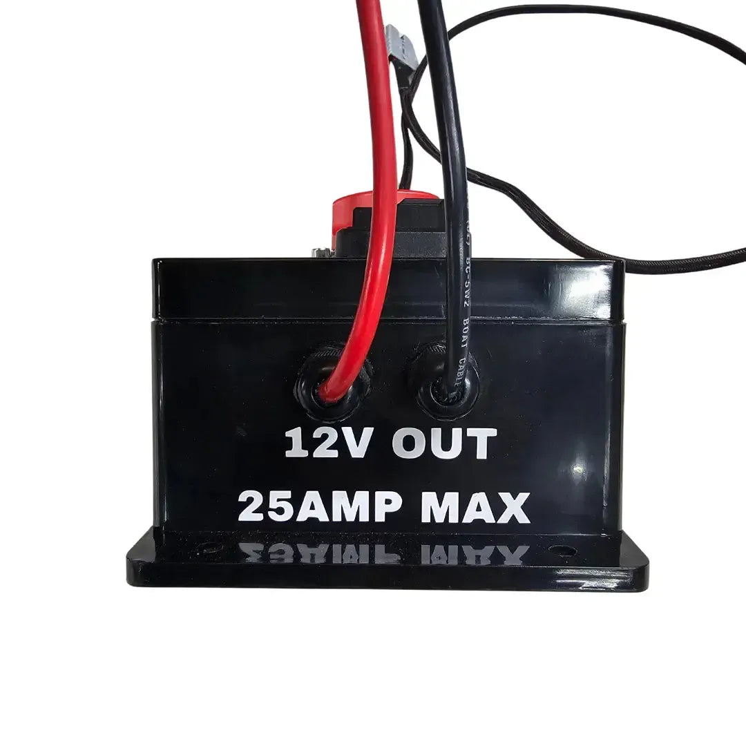Black marine-grade 48V to 12V step-down converter box with "12V OUT 25AMP MAX" text, red and black wires.