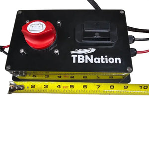 Black marine-grade 48V to 12V step-down converter with red battery switch, USB ports, and "TBNation" logo, measured at 8 inches.
