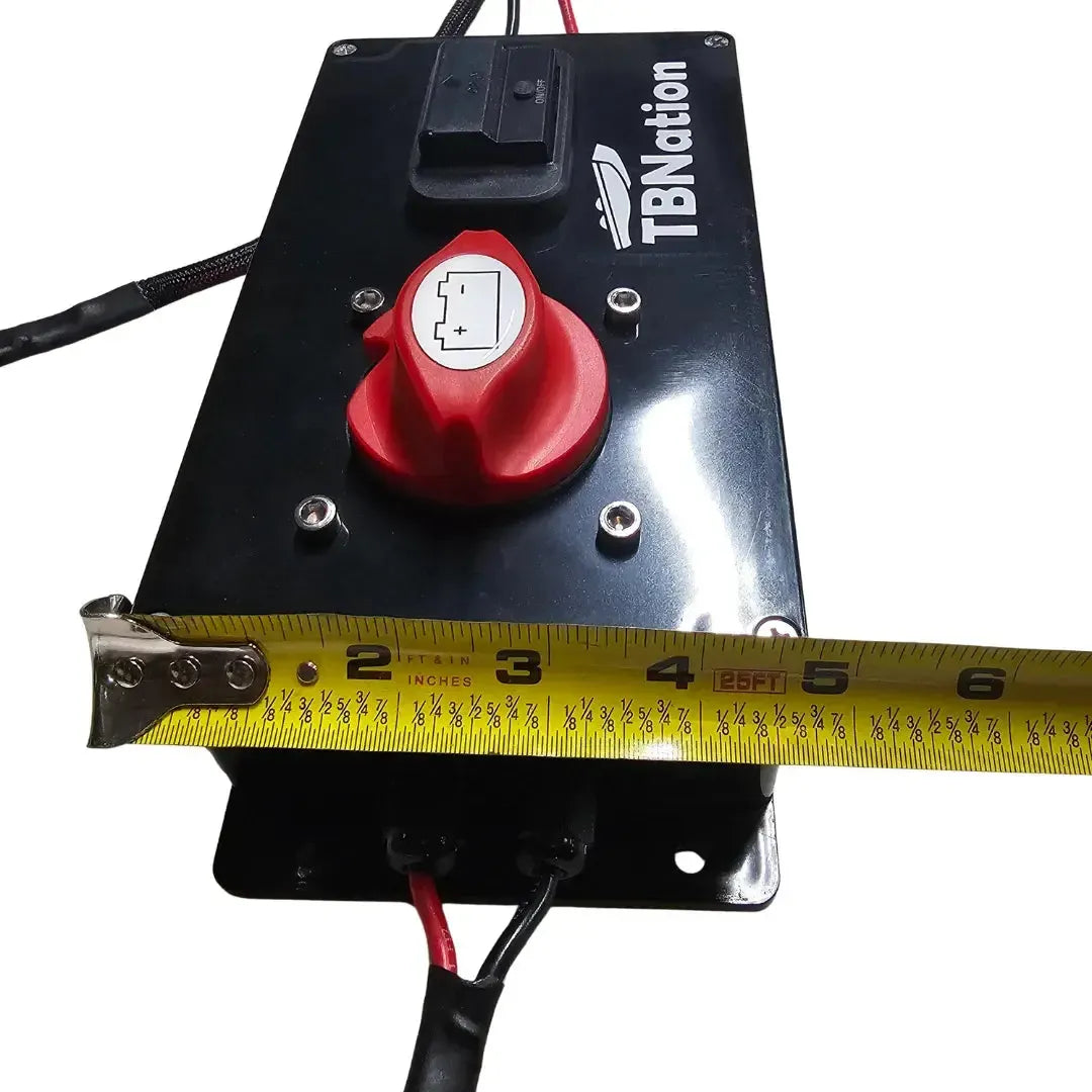 Black TB Nation 48V to 12V step down converter with red battery switch, USB ports, and wiring.