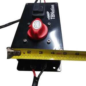 Black TB Nation 48V to 12V step down converter with red battery switch, USB ports, and wiring.