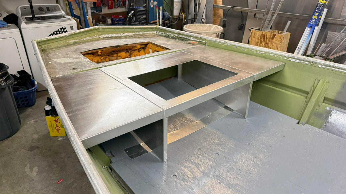 Fast-install, trim-to-fit aluminum Deck in a Box kit transforming a jon boat into a fishing machine.