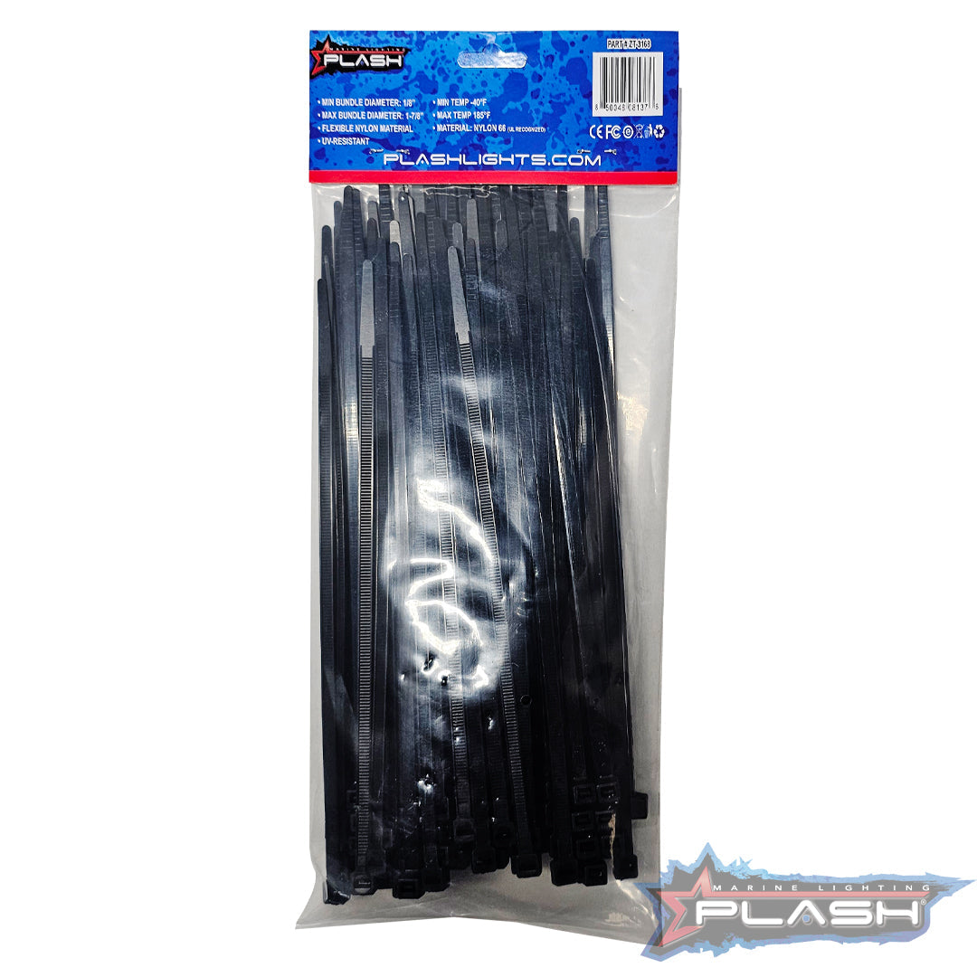 Pack of 100 black 8-inch Plash cable ties with self-locking design, made from UV-resistant Nylon 66.