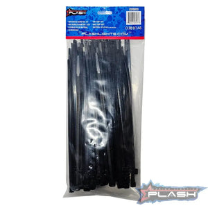 Pack of 100 black 8" Plash nylon self-locking cable ties in clear packaging.