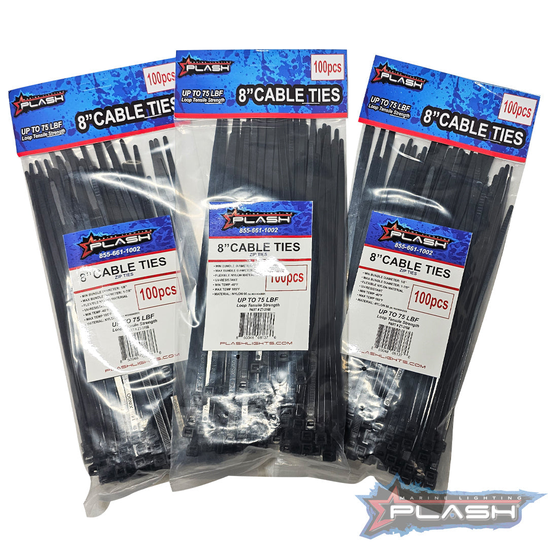 Three packs of 100 black 8-inch Plash self-locking nylon cable ties, showing packaging details.