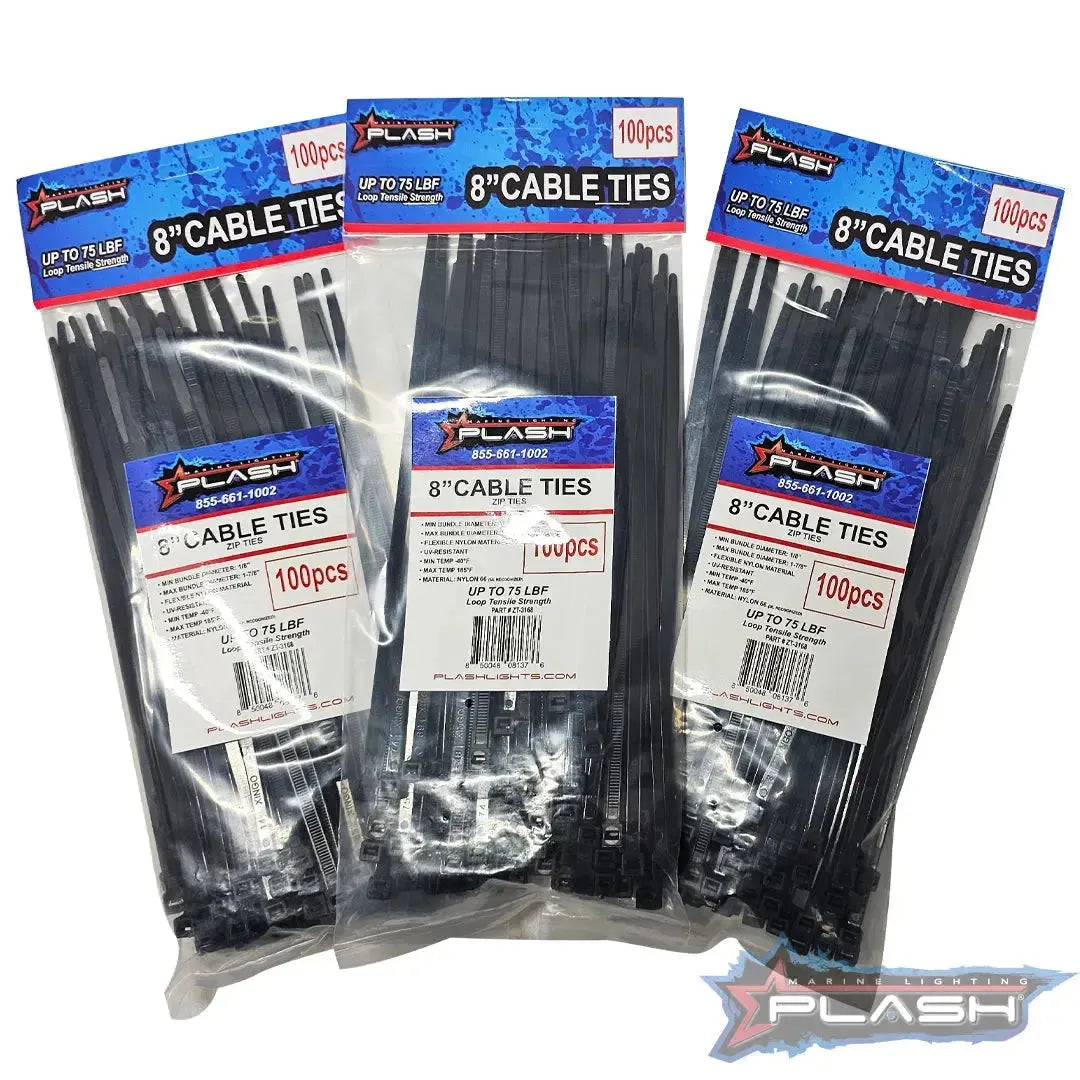 Three packs of 100 black 8-inch Plash self-locking nylon cable ties, showing packaging details.