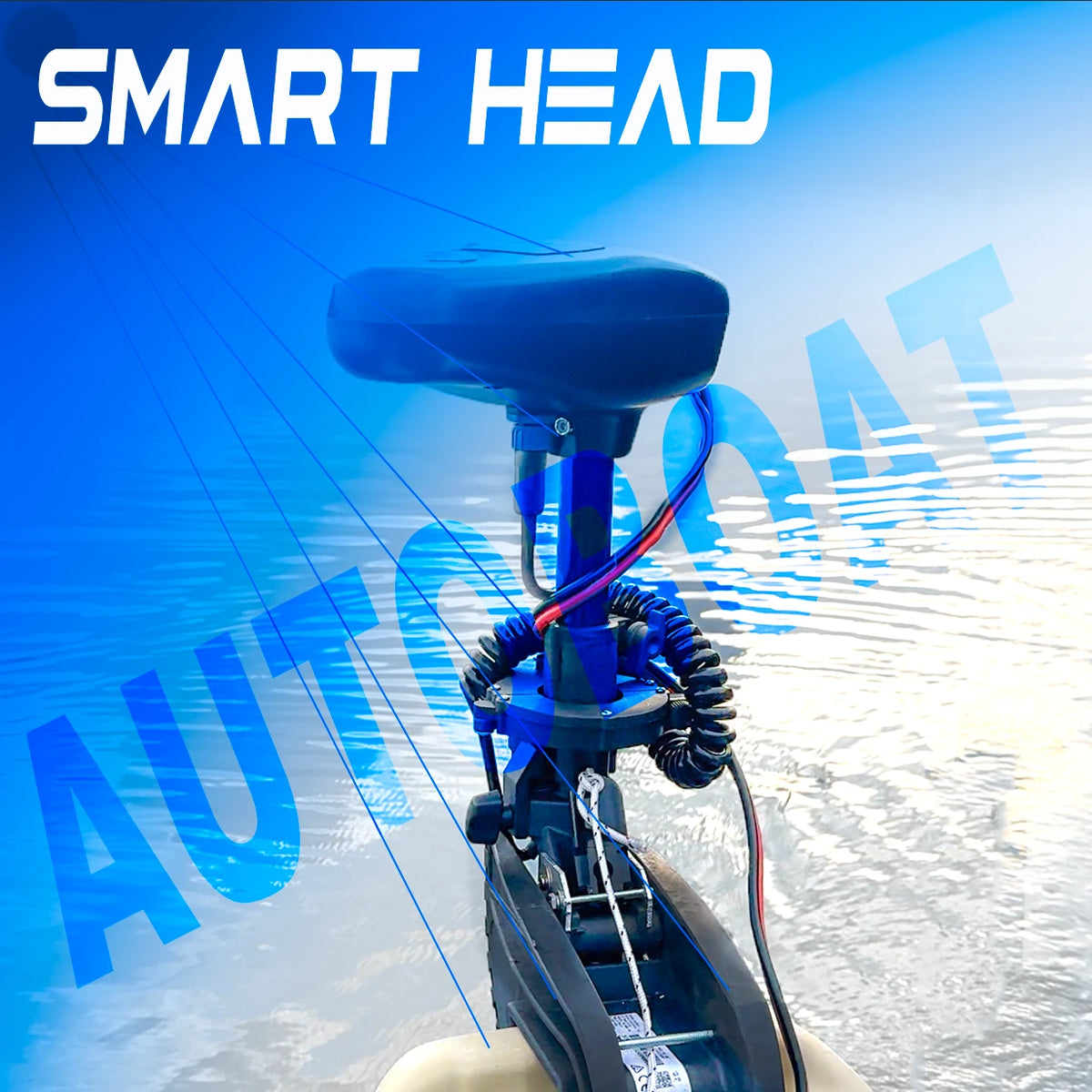 Close-up of AUTOBOAT Smart Head GPS Pro Anchor System mounted on a 12V Minn Kota 30–55lb trolling motor showing the GPS control head unit