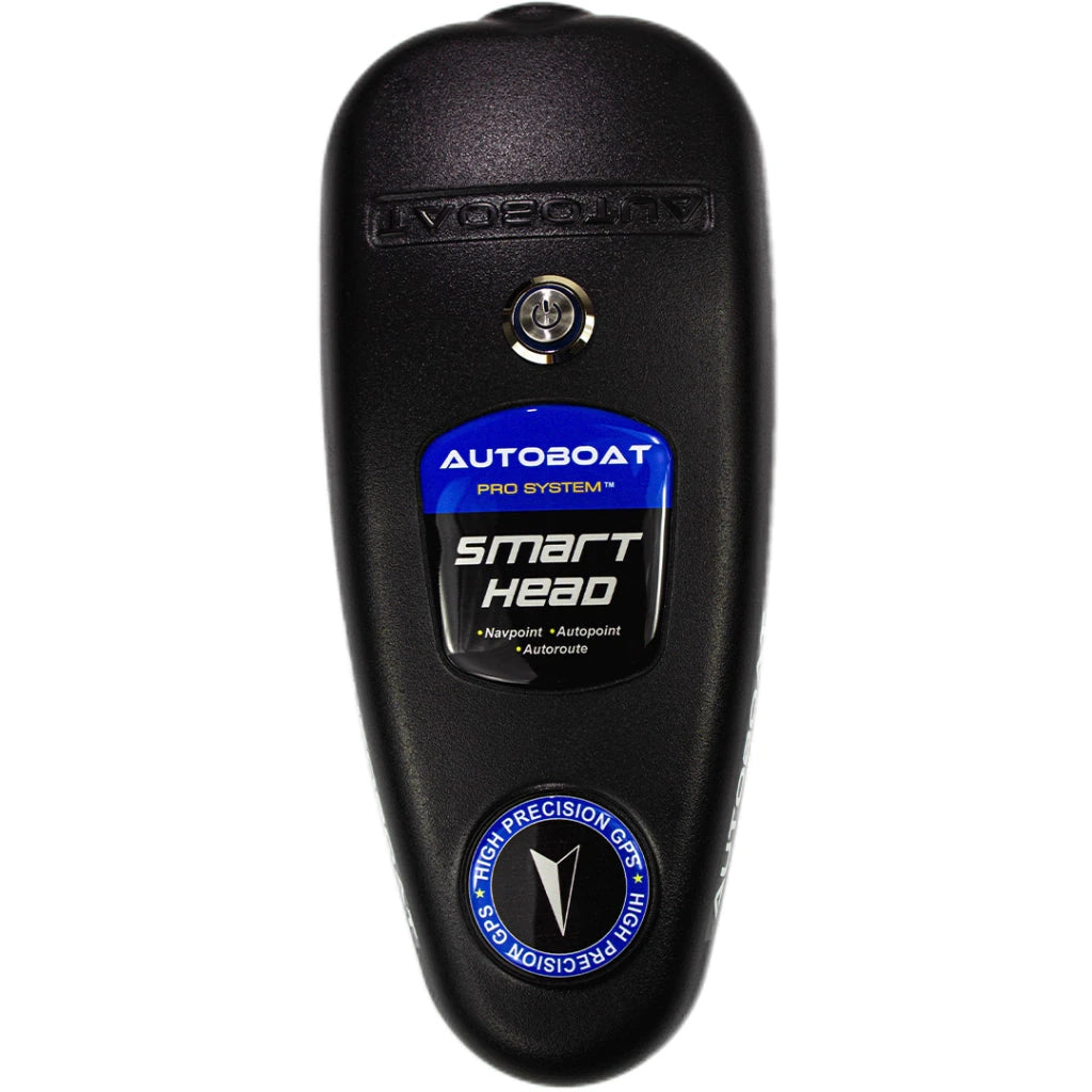 Top view of AUTOBOAT Smart Head GPS Pro Anchor System mounted on a 12V Minn Kota 30–55lb trolling motor