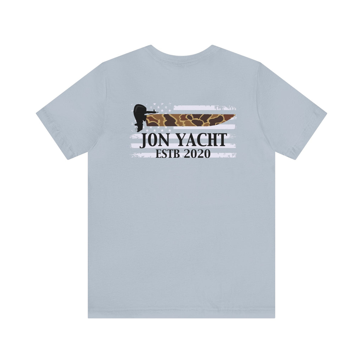Light blue cotton tee with "Jon Yacht ESTB 2020" and a boat propeller over a camo-patterned American flag.