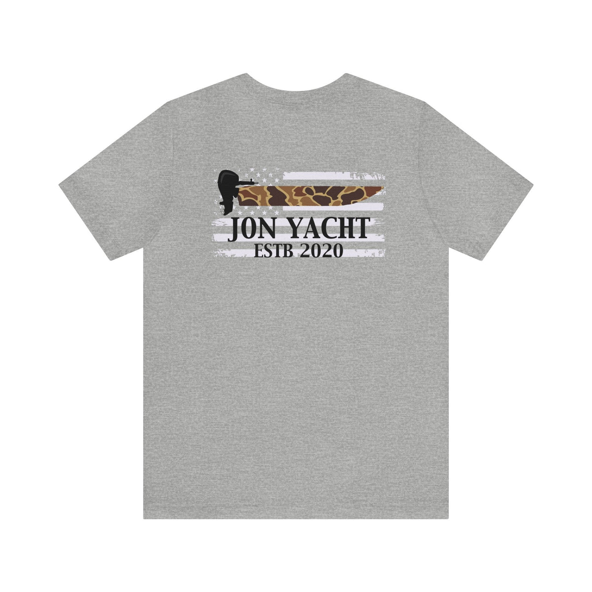 Gray cotton t-shirt with a distressed American flag design featuring a boat motor and "JON YACHT ESTB 2020".