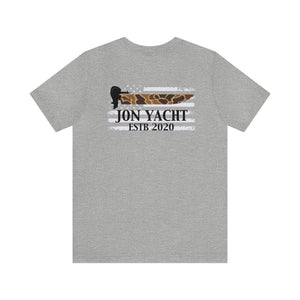 Gray cotton t-shirt with a distressed American flag design featuring a boat motor and "JON YACHT ESTB 2020".