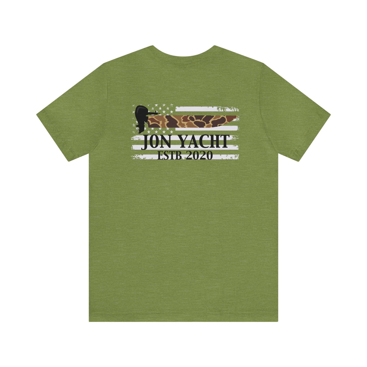Olive green unisex cotton tee with "Jon Yacht ESTB 2020" over a distressed American flag in camo and white stripes.
