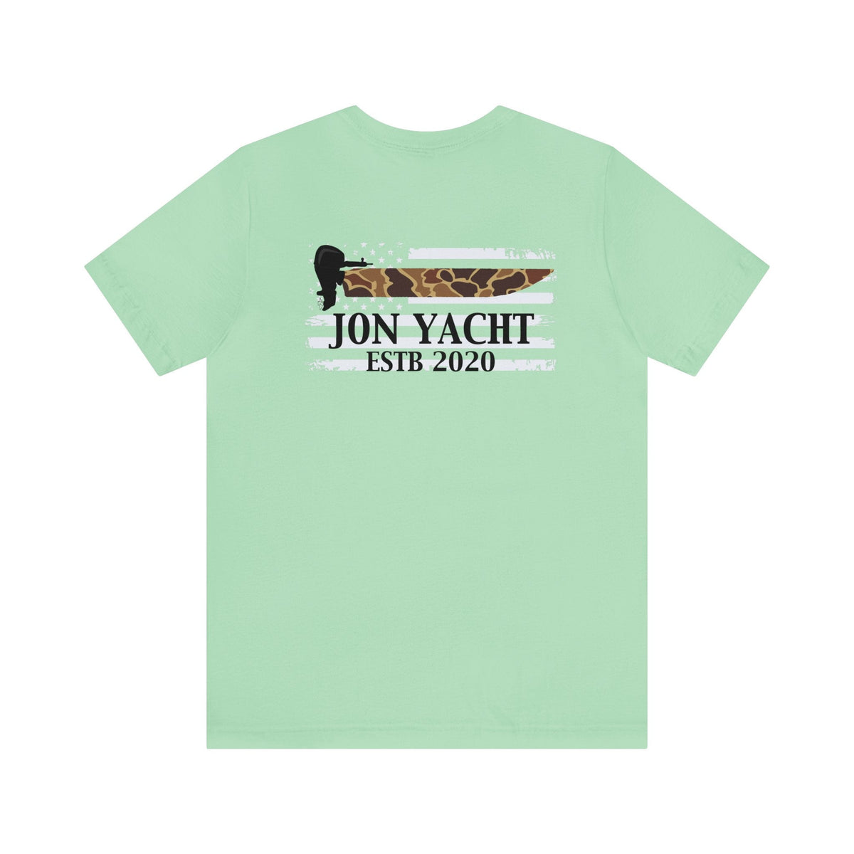 Light green cotton tee with "JON YACHT ESTB 2020" text and a camo boat design.