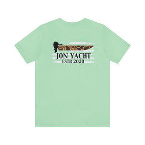 Light green cotton tee with "JON YACHT ESTB 2020" text and a camo boat design.