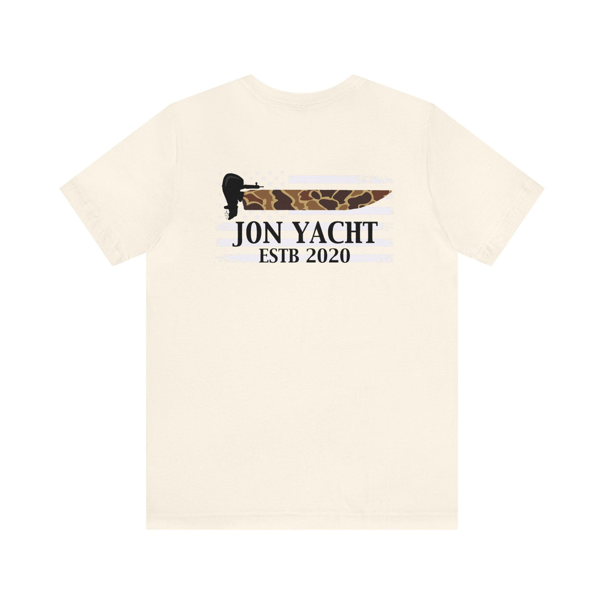 Light cream unisex t-shirt with "JON YACHT ESTB 2020" text and a boat motor graphic.