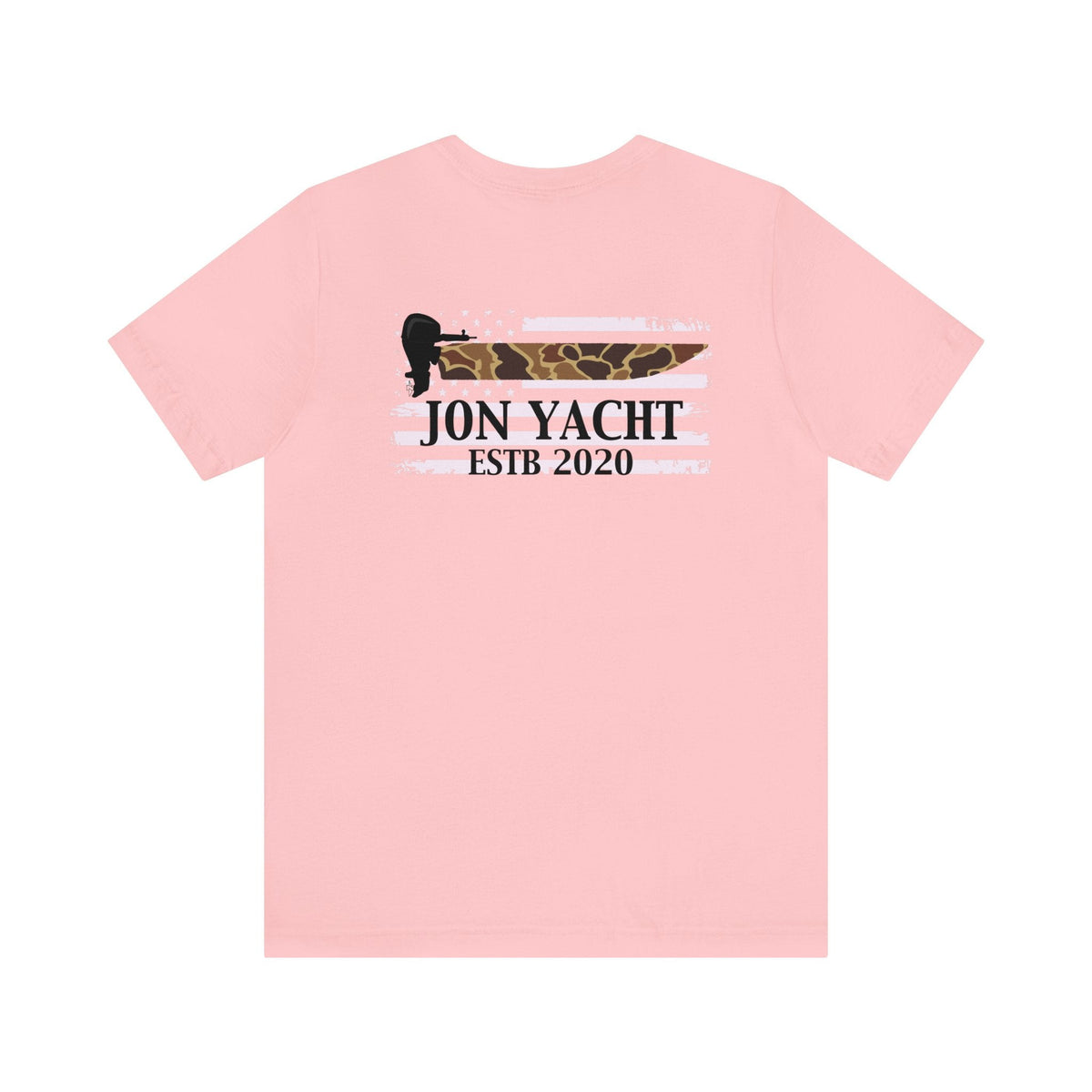 Pink cotton t-shirt with "JON YACHT ESTB 2020" and a boat motor graphic over a camo flag.