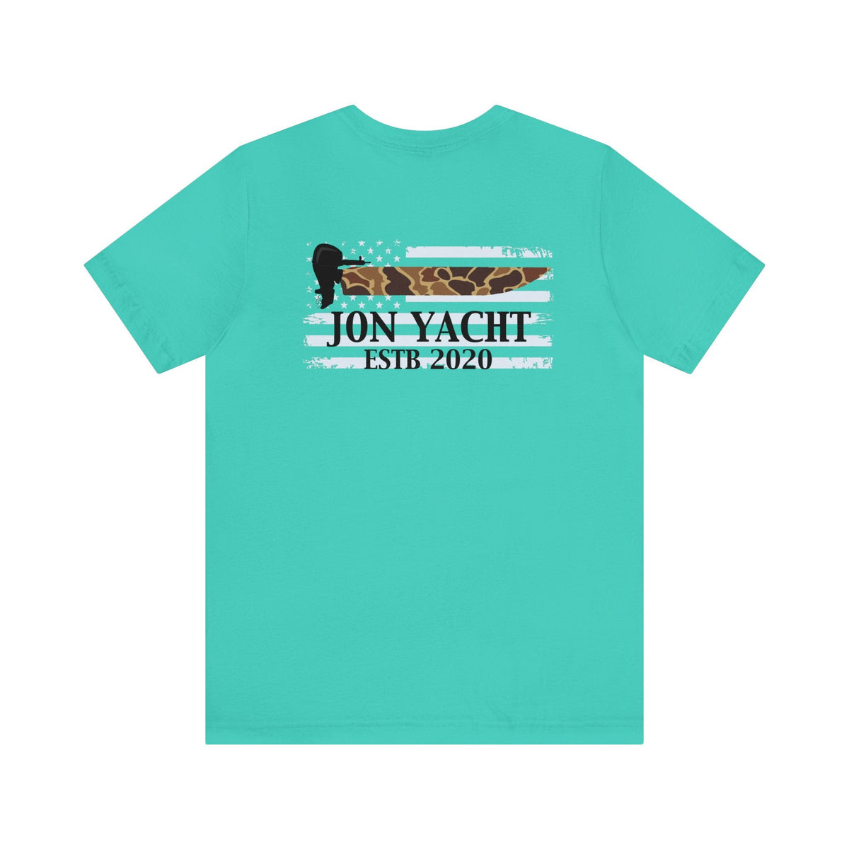 Aqua unisex t-shirt with "Jon Yacht ESTB 2020" over a camo and white striped flag design.