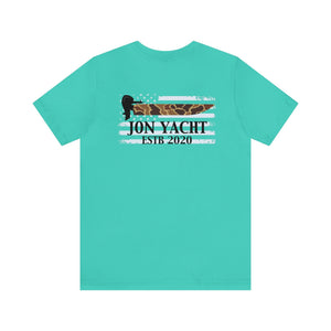 Aqua unisex t-shirt with "Jon Yacht ESTB 2020" over a camo and white striped flag design.