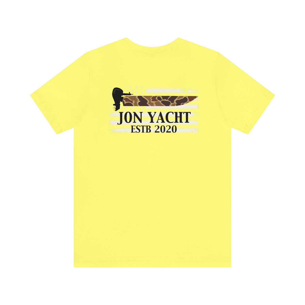 Yellow cotton t-shirt with "JON YACHT ESTB 2020" and a boat motor graphic over a camo American flag.