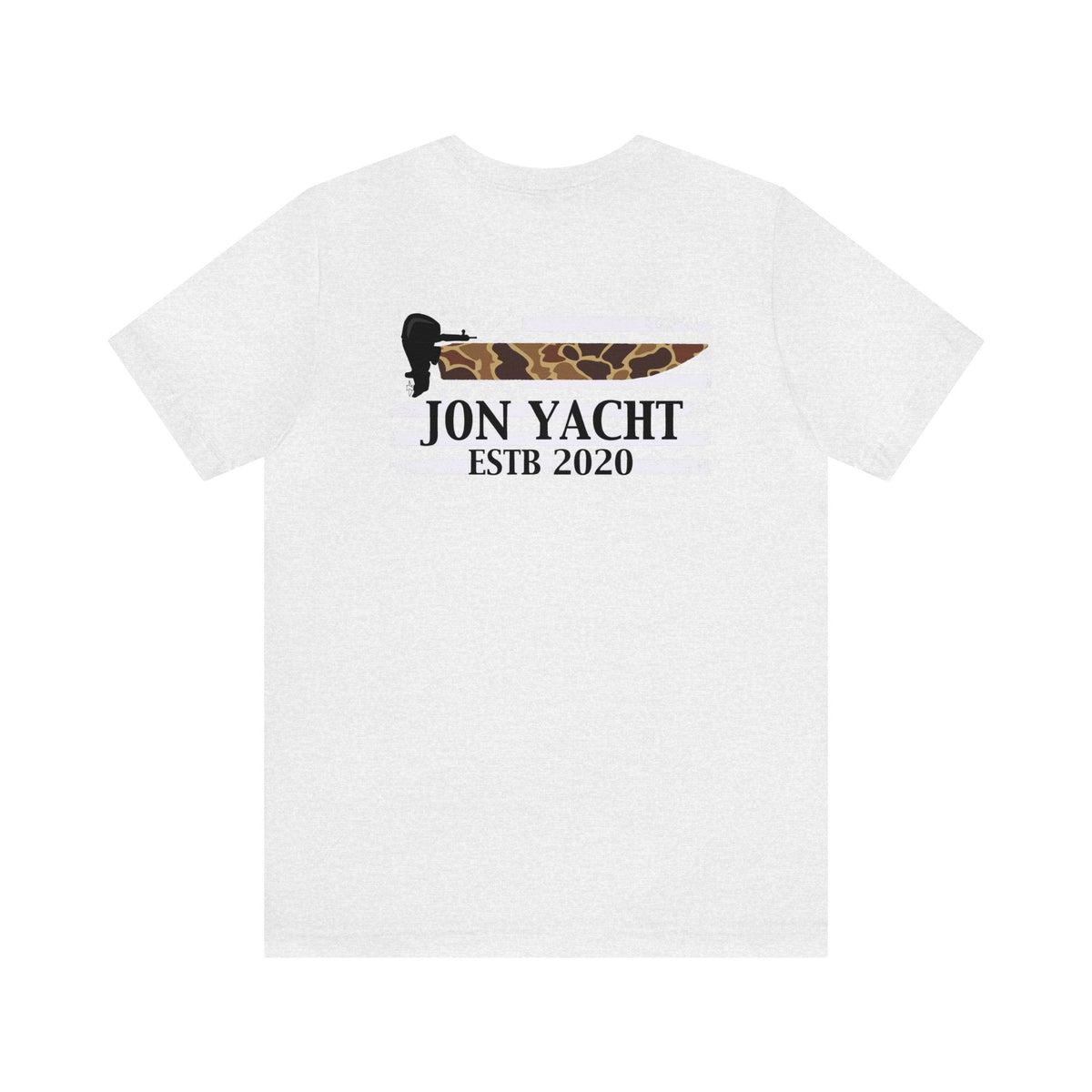 White unisex short sleeve tee with "JON YACHT ESTB 2020" and a boat graphic.