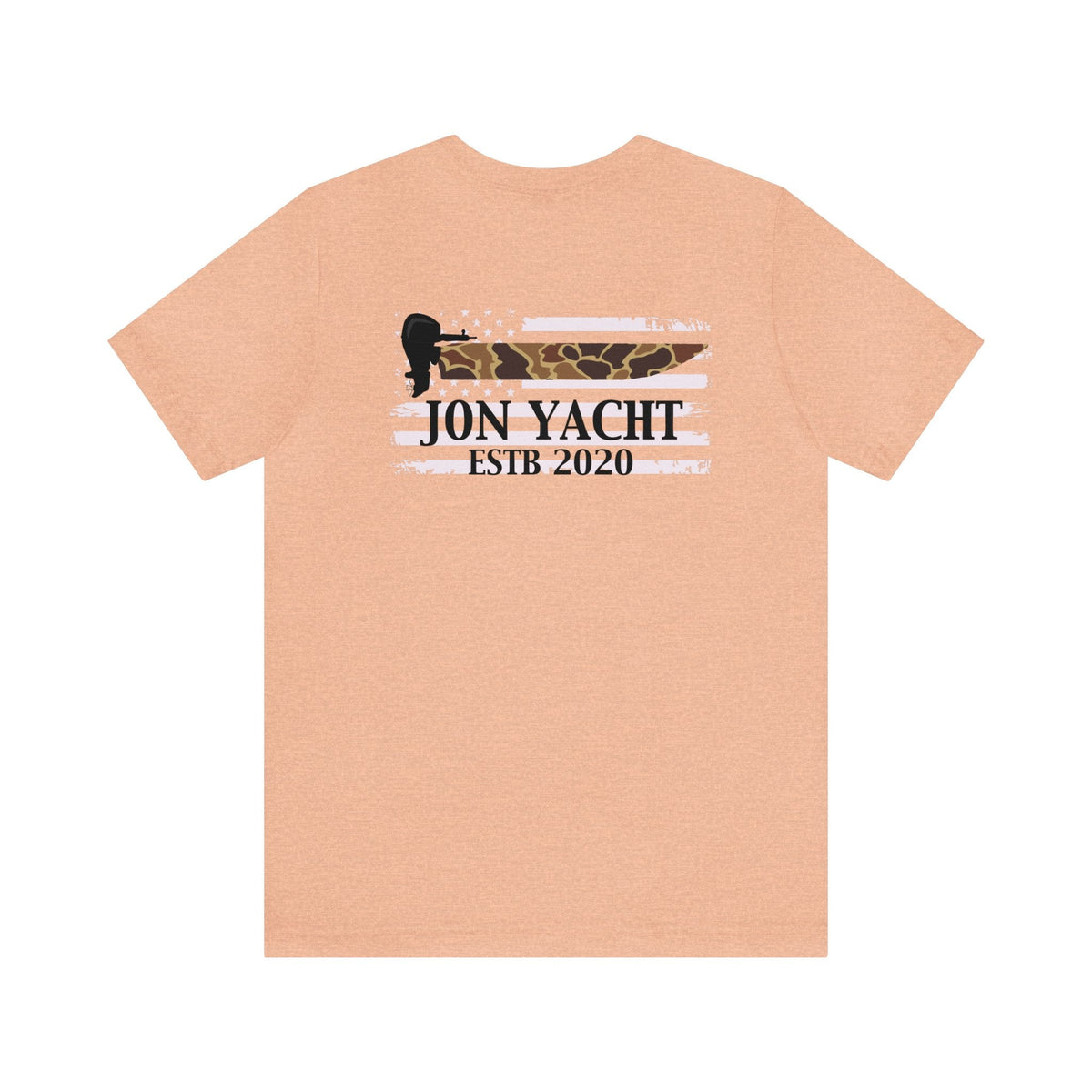 Light peach unisex cotton tee with "JON YACHT ESTB 2020" over a distressed camo and white striped flag.