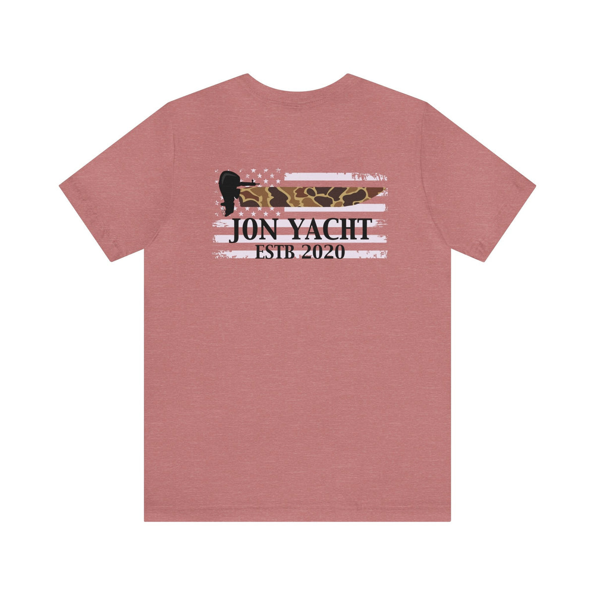 Heather peach unisex t-shirt with a distressed American flag design featuring "JON YACHT ESTB 2020" and a duck silhouette.