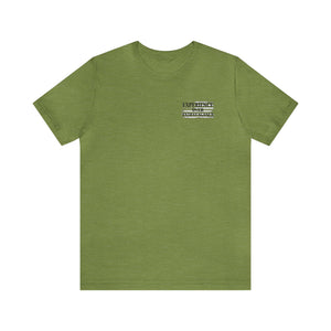 Olive green unisex jersey t-shirt with "EXPERIENCE OVER EXTRAVAGANCE" text on the chest.