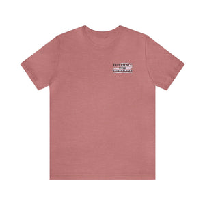 Heathered rose pink unisex jersey t-shirt with "EXPERIENCE OVER EXTRAVAGANCE" text on the left chest.