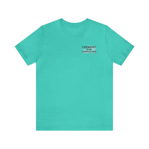 American Dreamer unisex teal t-shirt with "EXPERIENCE OVER EXTRAVAGANCE" text on the left chest.