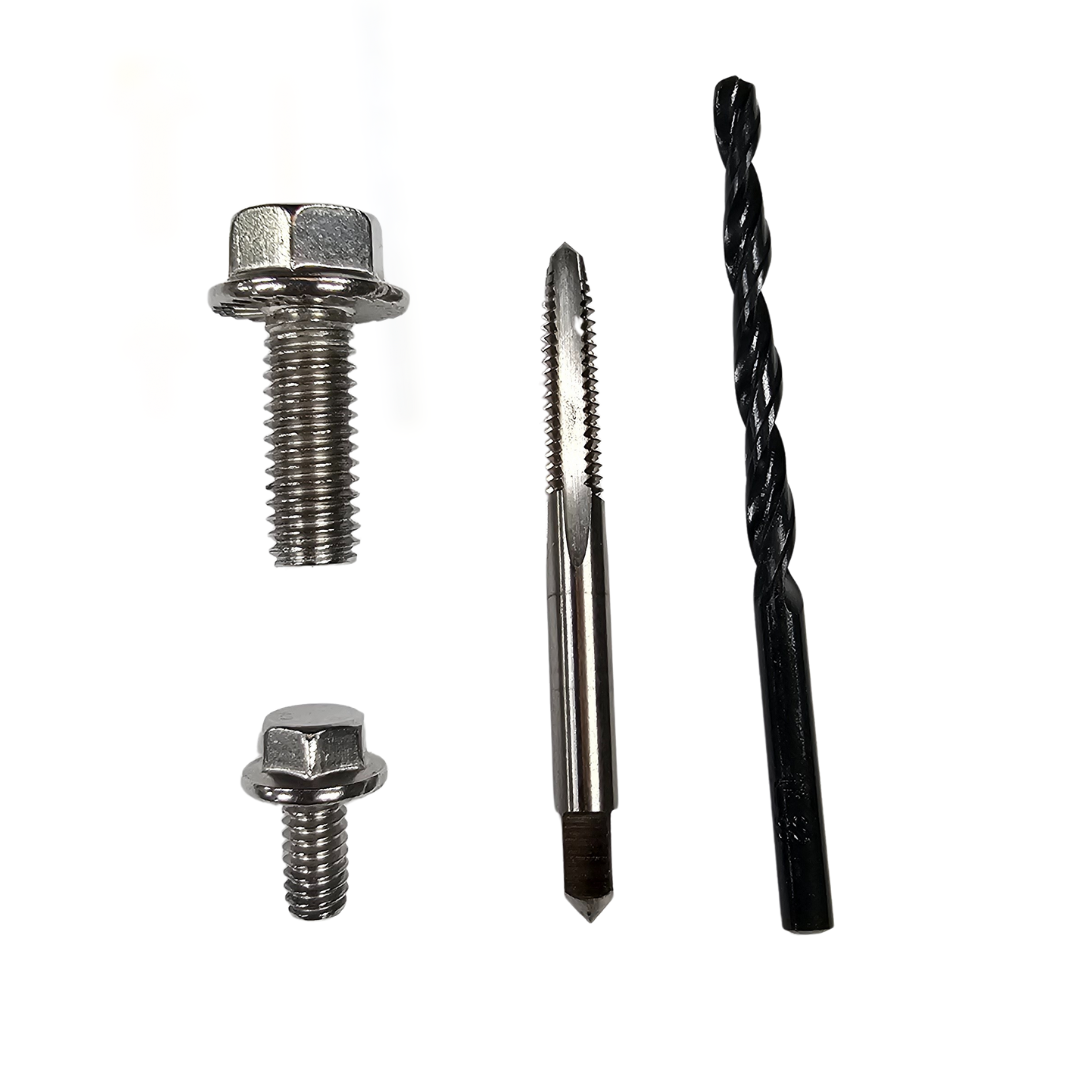 Stainless flange bolts, silver tap, and black drill bit for AutoBoat Minn Kota Edge install.