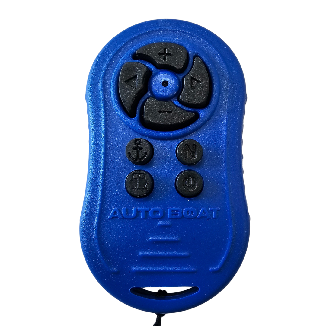Blue Autoboat remote control with black directional, anchor, N, and power buttons.