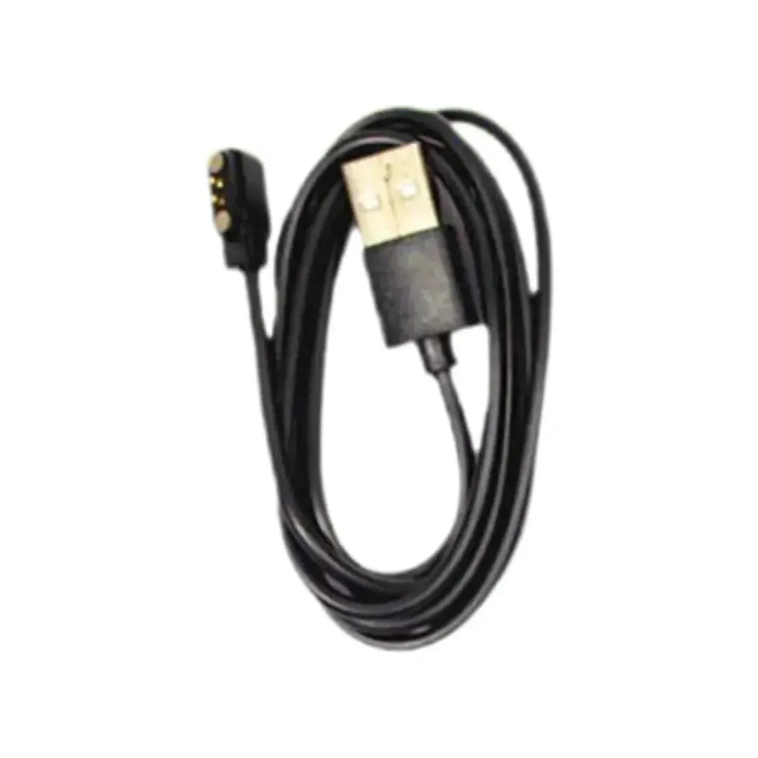 A black USB cable with a white charging port, coiled neatly on a light background.