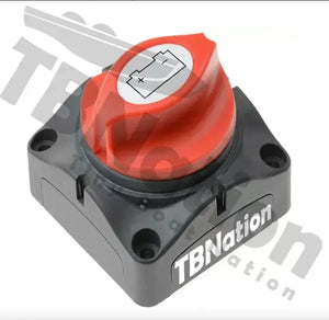 Black battery cutoff switch with a red rotary knob featuring a battery icon.