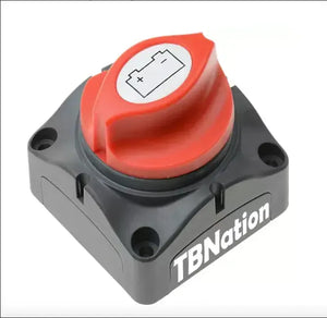 TBNation gray battery cutoff switch with a red rotary knob featuring a white battery icon.