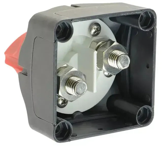 Gray battery cutoff switch with a red handle and two 3/8" terminal posts.
