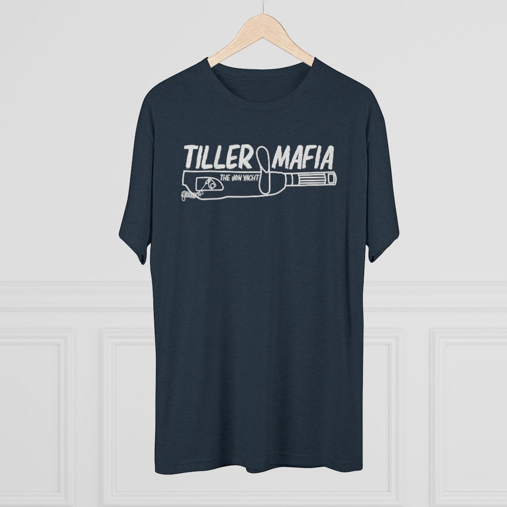 Navy tri-blend regular fit tee with white "Tiller Mafia The Jon Yacht" graphic.